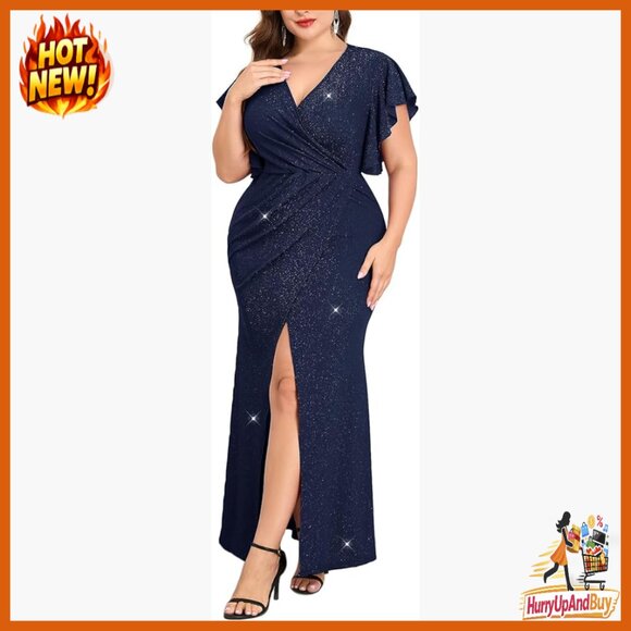 Sparkly Ruched Maxi Dress V Neck Wrap Slit Formal Evening Gown Elegant
